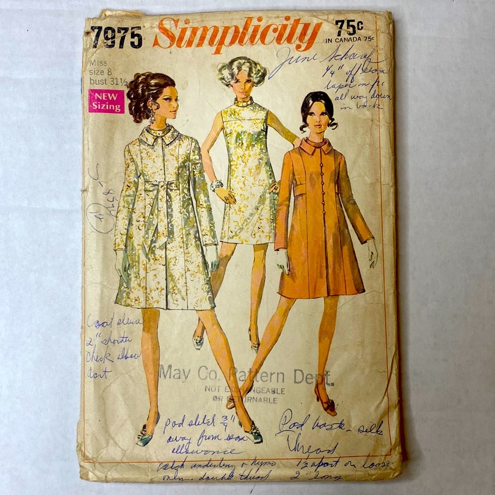 Vintage 60s | Simplicity 7975 | Miss Dress & Coat Sewing Pattern | Size 8 | CUT